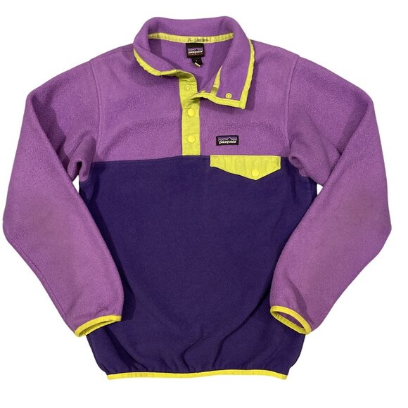 PATAGONIA Snap T Fleece girls large (12) Purple And Neon Yellow - Picture 1 of 4